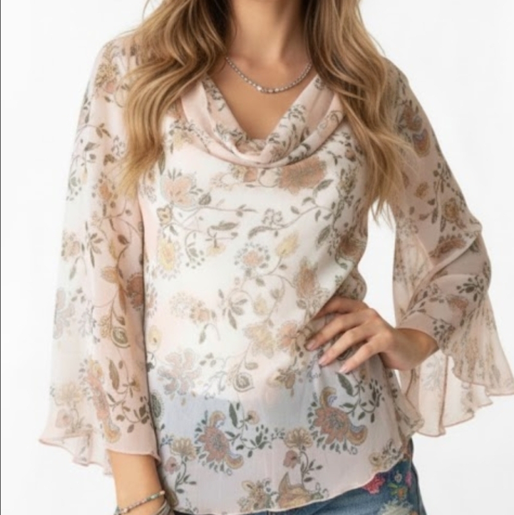 Jonathan Martin Studio Blouse Size XL Chiffon Lined Floral‎ Flare Sleeve Top